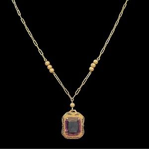 Vintage Gold Filled Art Deco Filigree Purple Glass Necklace 26.25”